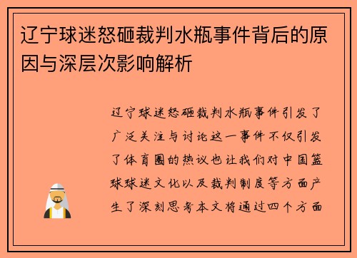 辽宁球迷怒砸裁判水瓶事件背后的原因与深层次影响解析 辽宁球迷怒砸裁判水瓶事件背后的原因与深层次影响解析
