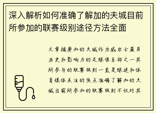 深入解析如何准确了解加的夫城目前所参加的联赛级别途径方法全面