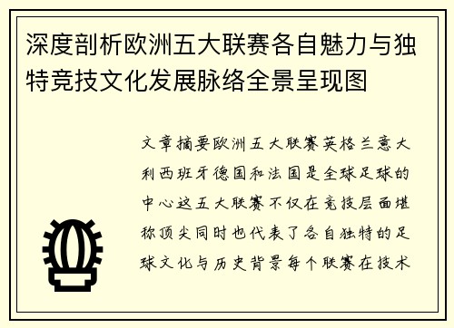 深度剖析欧洲五大联赛各自魅力与独特竞技文化发展脉络全景呈现图
